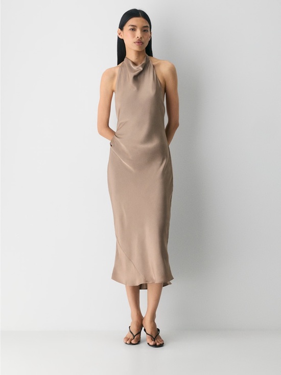 Aritzia Dresses & Skirts - NWT - Aritzia Ten Babaton Ten Audience Satin Halter Dress - Size 6 - Warm Taupe